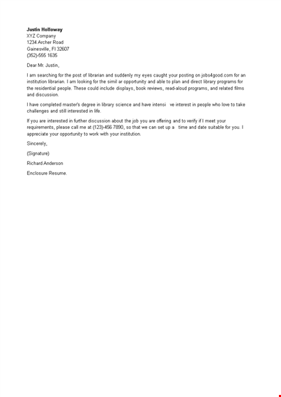justin - librarian cover letter | stand out with a compelling letter template