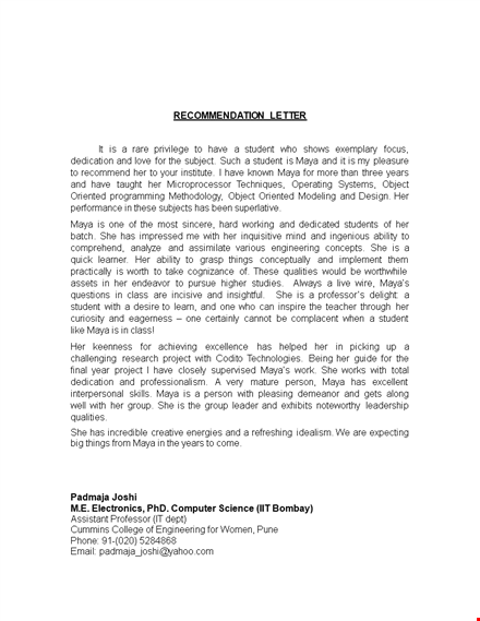 teacher's recommendation letter template for dedicated student - years of object template