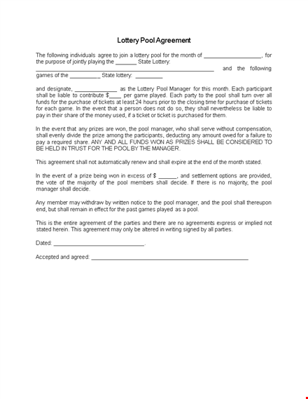legal lottery pool agreement template - manager's agreement for lottery pool template
