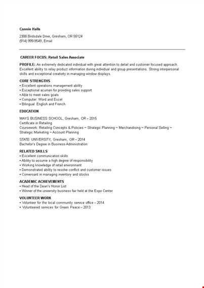 entry level retail sales resume - sales skills & ability | excellent gresham experience template