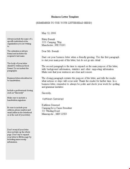 free printable business letter template template