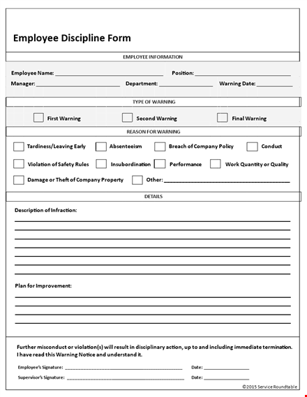 employee disciplinary action form - company warning for violation template