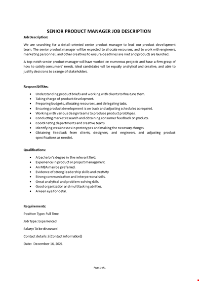 senior product manager job description template