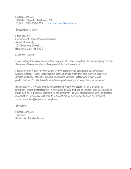 teacher recommendation letter template for susan, katie, and samuels | email, program, and more template