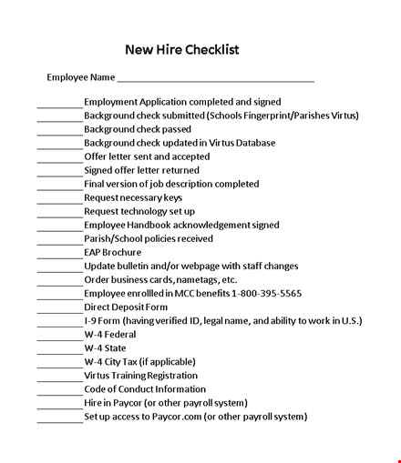 complete new hire checklist with background check - ensure employee compliance | virtus-signed template