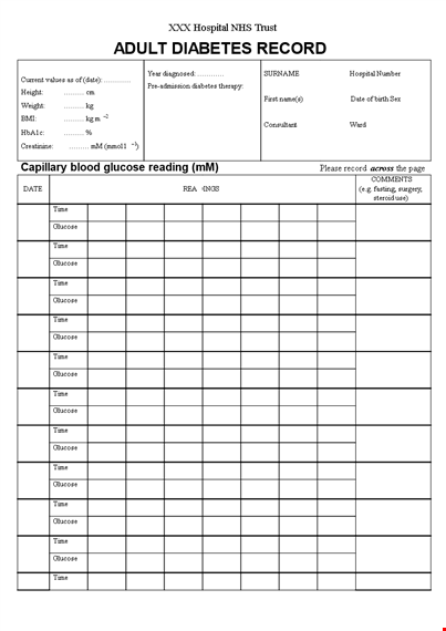 manage your diabetes with a digital diabetic record for glucose, insulin, and more template