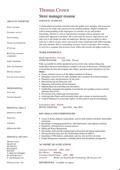 store manager resume template