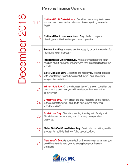 personal financial calendar template