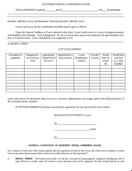 equipment rental agreement sample template