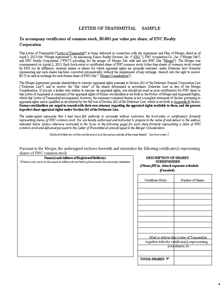 download free letter of transmittal template - easily transfer your shares and certificates template