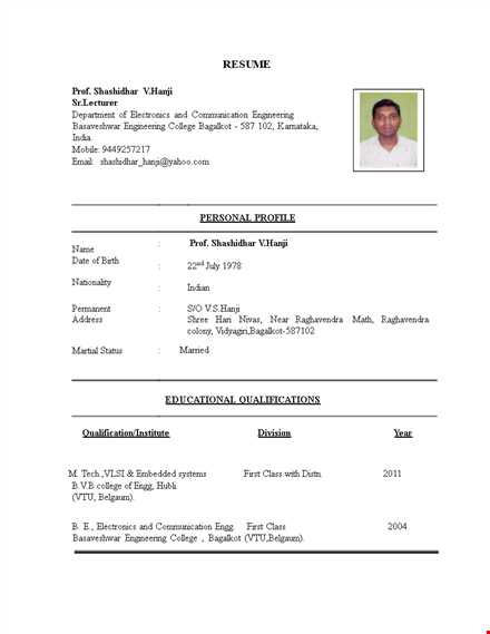 engineering lecturer job resume template
