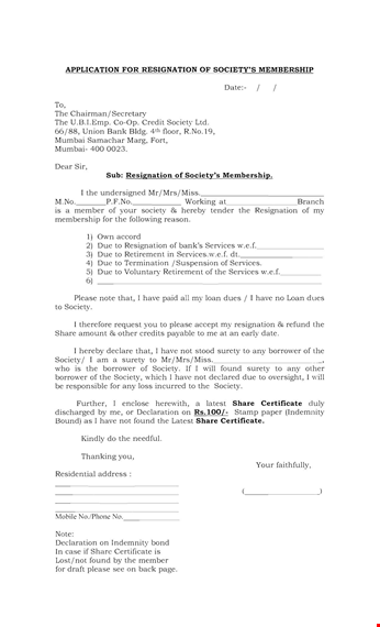 society membership resignation letter template