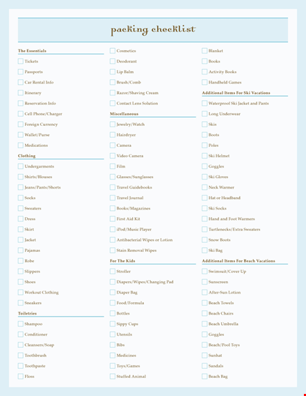 packing list template - free download for efficient travel planning template