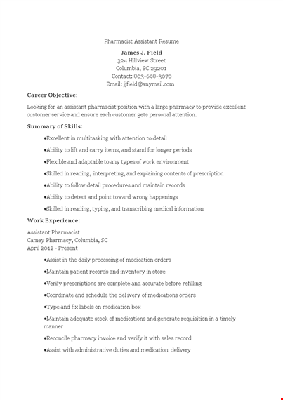 pharmacist assistant resume template