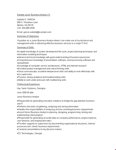 junior business analyst cv template