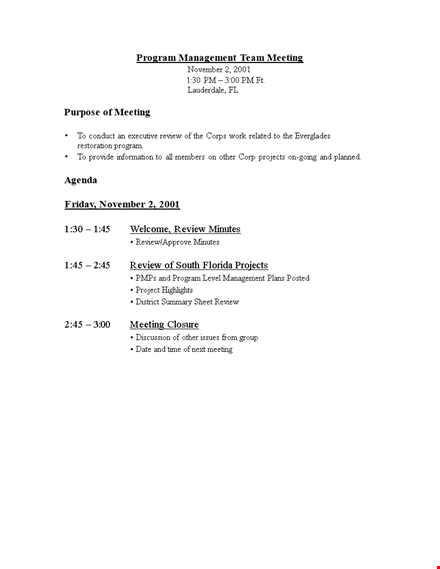 program management meeting agenda template template