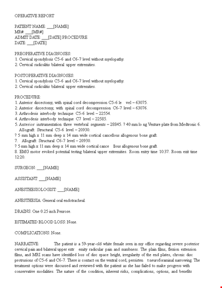 patient operative report - level, anterior approach | [your company name] template