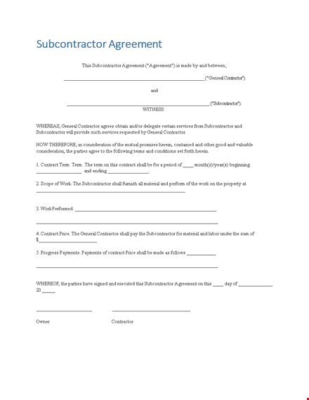 subcontractor agreement | clear and concise general contractor agreement template