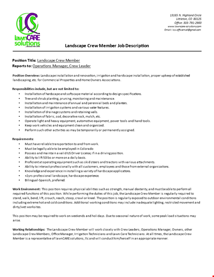 landscape crew member job description - position and installation template