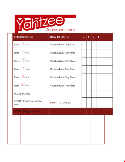 yahtzee score sheets - track your score, total, sections, and counts template