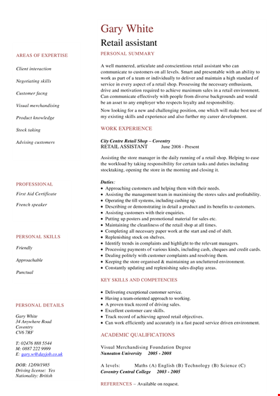 retail assistant work resume template