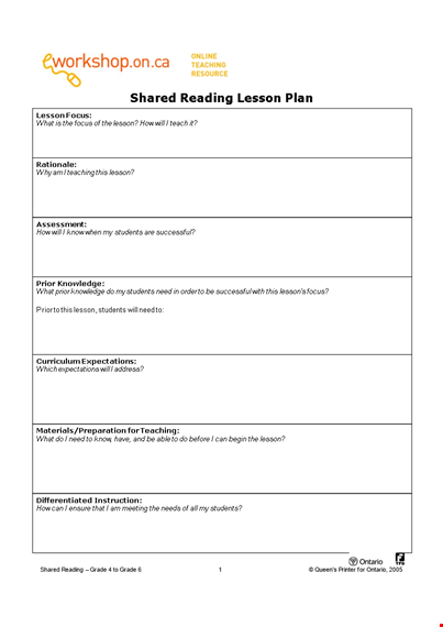 shared reading lesson plan template