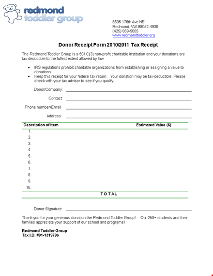 printable donor receipt form template