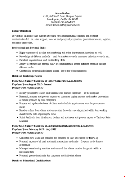 inside sales support resume template