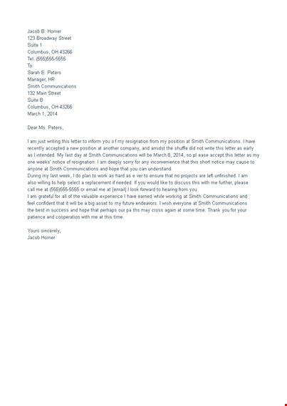 last minute notice resignation letter template