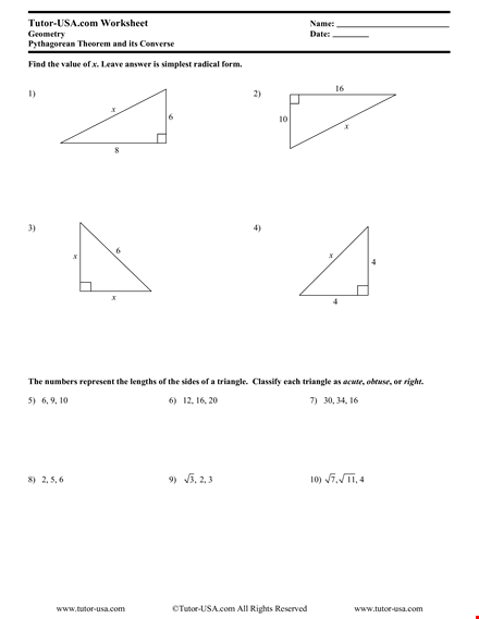 pythagorean theorem acute angle template