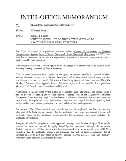 interoffice legal memo template - court, applicant, attorney, stipulation template