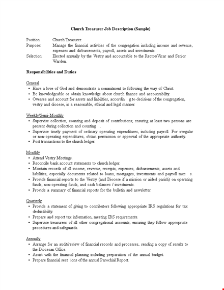 church treasurer job description - financial responsibilities for church operations & vestry template