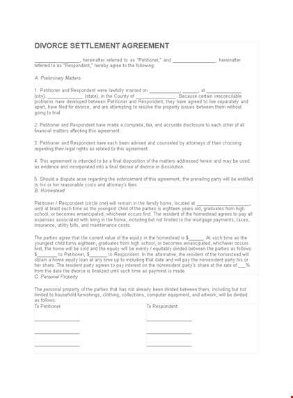 divorce agreement for parties: petitioner and respondent template