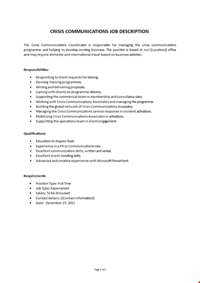 crisis communications coordinator job description template