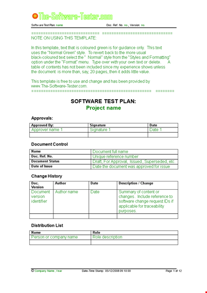 software test plan template for your project template