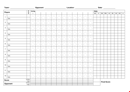 softball score sheet: keep track of scores, opponents, and innings template