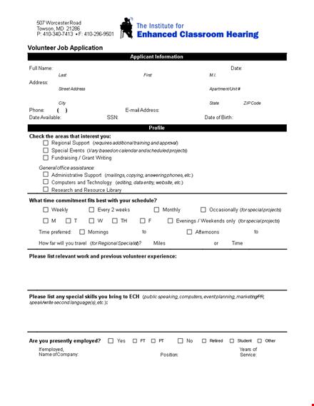 printable volunteer job application template template