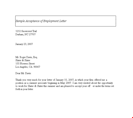 job offer acceptance confirmation letter template