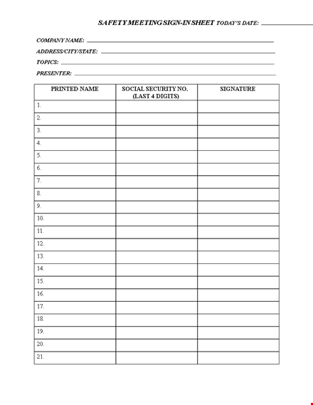 safety meeting sign in sheet template - secure, social, and printed template