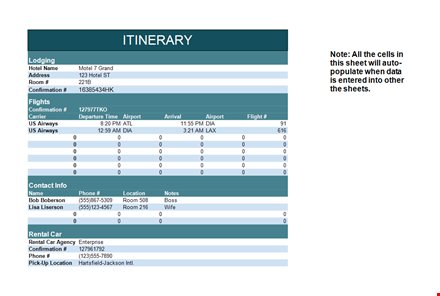 easy travel itinerary: hotel confirmation & airport info template