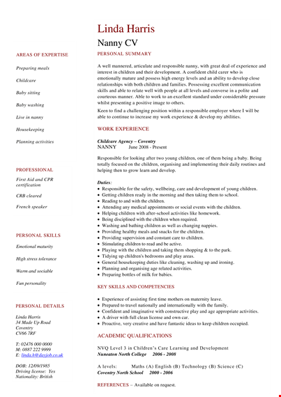 responsible nanny babysitter resume for personal care of children template