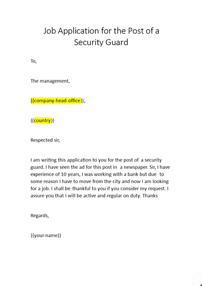 job application for the post of security guard template