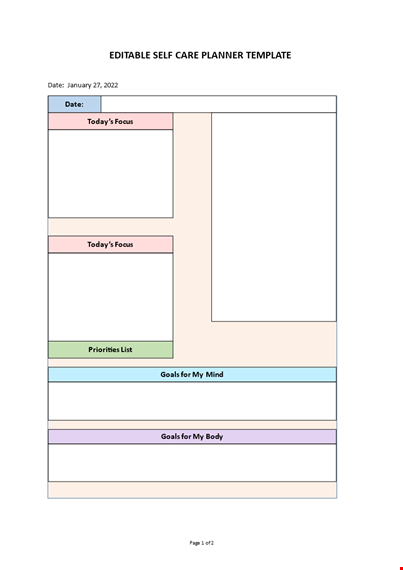 self care planner template template