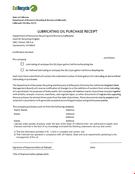 lubricating purchase receipt template