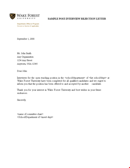 post interview rejection letter template