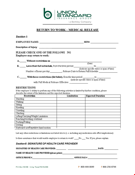 return to work form - employee | please complete | restrictions template