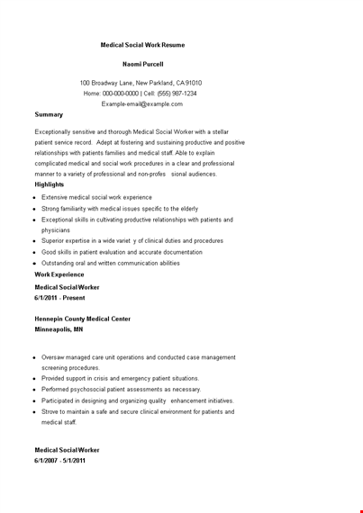 medical social work resume template
