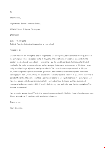 teacher job application letter template