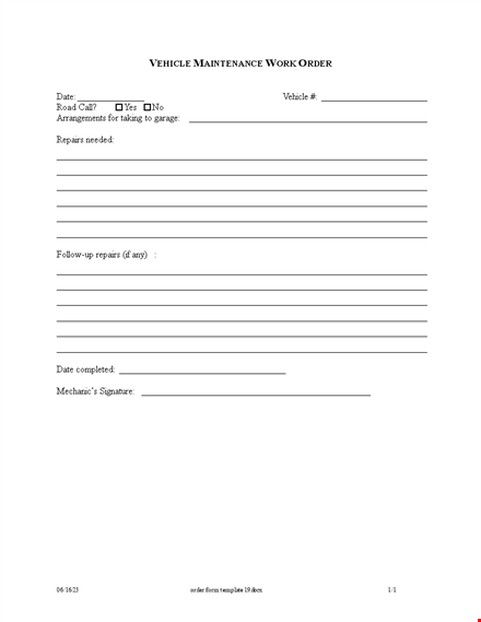 customizable order form template for vehicle maintenance and repairs. template
