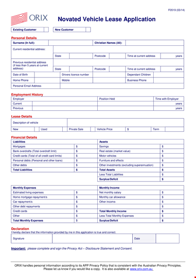 vehicle lease application template template